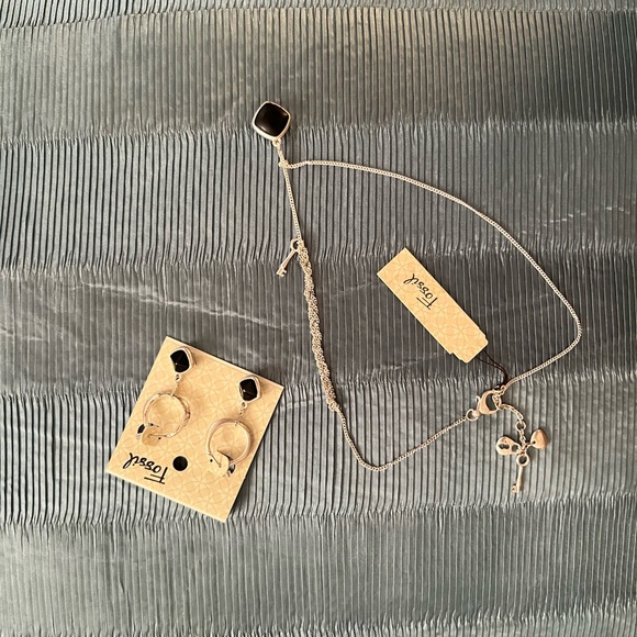 Fossil NWT Matching necklace & earrings set, silver w/black pendant - Picture 2 of 2